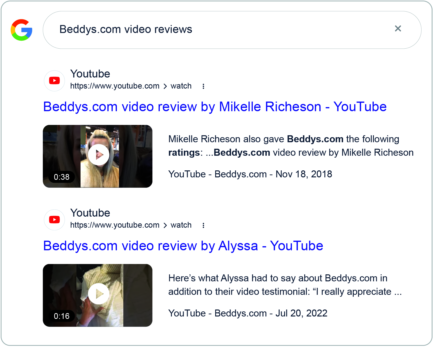 Example of video reviews displaying in the Google 
Videos tab